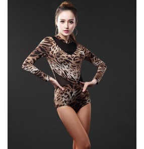 Leopard zebra black patchwork long sleeves v back see through fashion sexy women's competition latin salsa cha cha dance leotards bodysuits catsuits tops 
